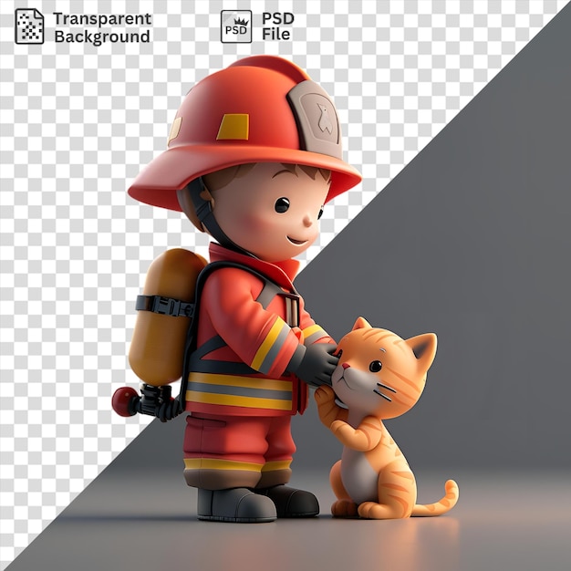 PSD potrait 3d firefighter rescuing a kitten from a toy fireman as they stand in front of a gray and black wall the cats black eye and orange ear are visible