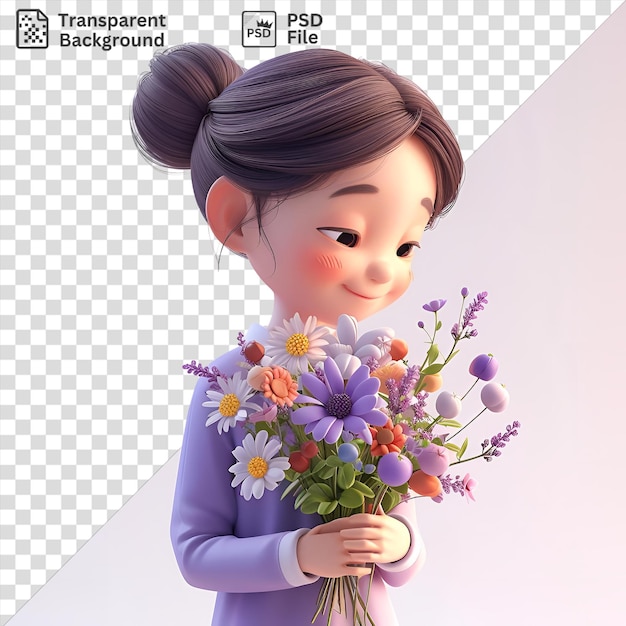 PSD potrait 3d florist cartoon arranging flowers in a vase featuring purple white and blue blooms with a doll and small hand visible in the background