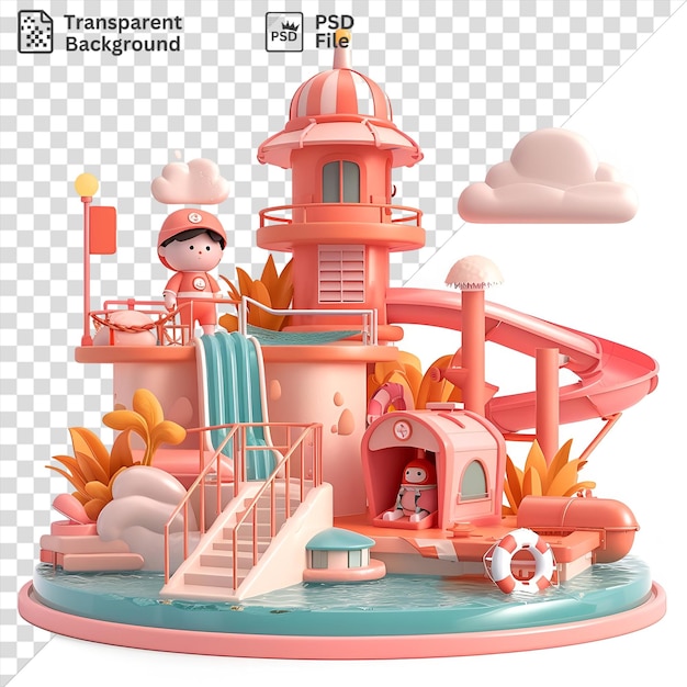 PSD potrait 3d lifeguard cartoon watching over a bustling water park with a red tower and small window in the background and a toy in the foreground