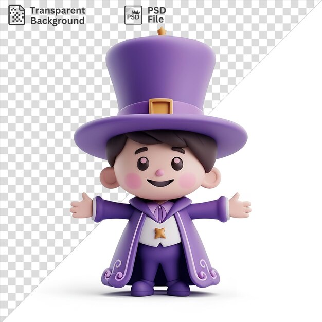 Potrait 3d magician cartoon performing mind boggling tricks with a purple hat black eyes and a smiling face while holding a toy