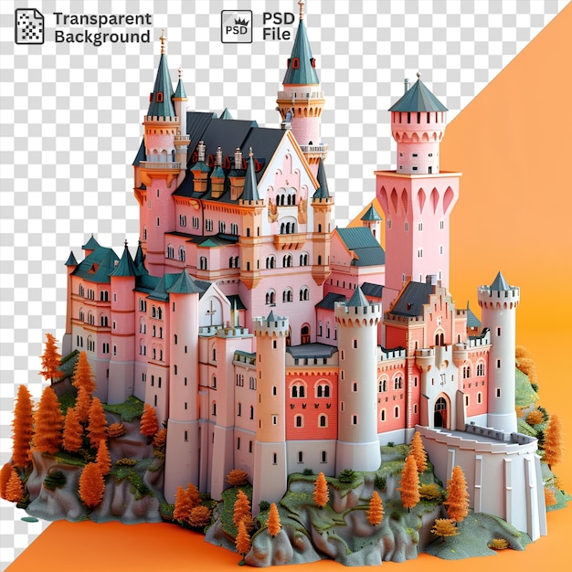 PSD ritratto modello 3d del castello di neuschwanstein con una torre rosa e circondato da alberi d'arancia