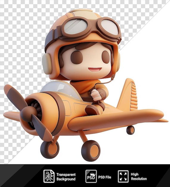PSD Портрет 3d пилота мультфильма, летящего самолетом с черными колесами и коричневым носом, держащего игрушку и с белой рукой, видимой на переднем плане png psd