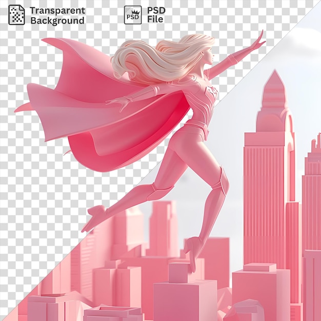 PSD potrait 3d superheroine cartoon soaring through the cityscape surrounded by towering buildings and a clear blue sky with her extended arm and leg visible in the foreground