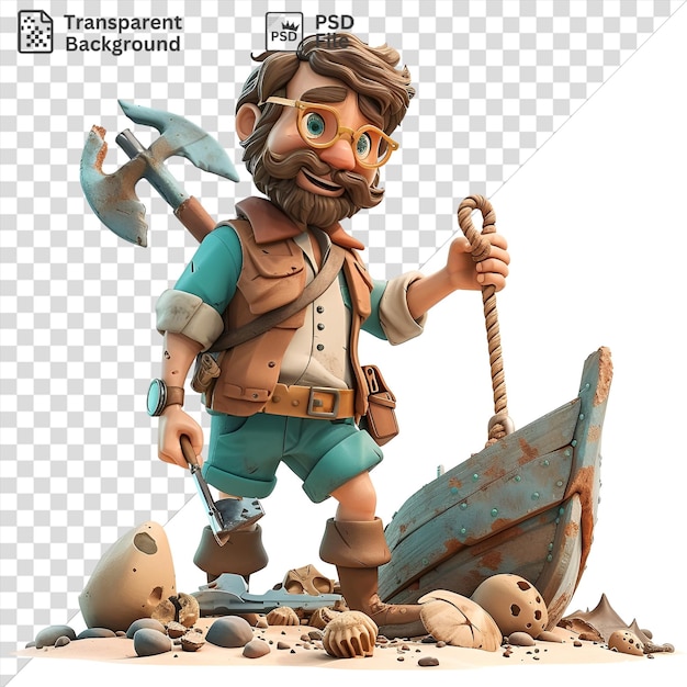 Potrait 3d underwater archaeologist cartoon excavating a shipwreck