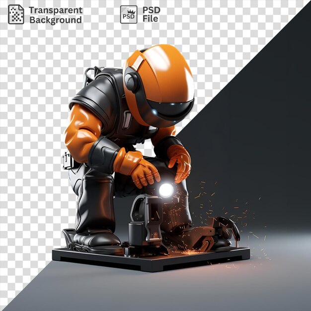 PSD potrait 3d welder joining metals on a black base illuminated by a bright light with an orange hand visible in the foreground