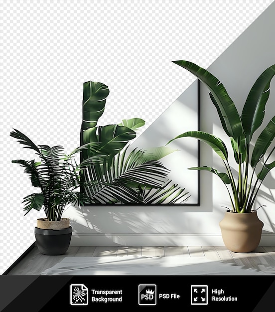 PSD 黒いフレームのモックアップ 植物の葉を背景に png psd