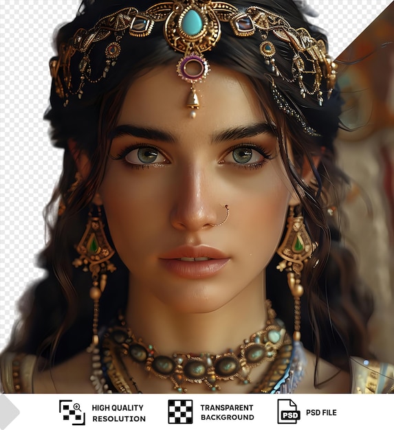 PSD potrait anahita persian goddess adorned with gold and silver necklaces gazes directly at the camera with her striking blue and brown eyes large nose and brown eyebrow
