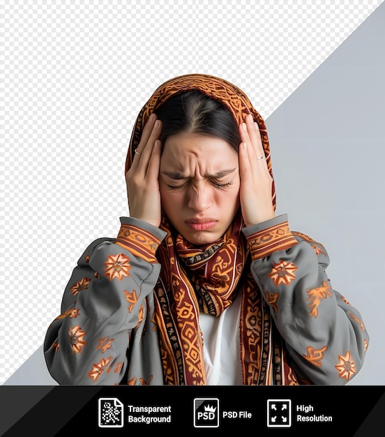 Ritratto di una giovane donna che soffre di mal di testa con un braccialetto grigio visibile sul polso sinistro e una mano in primo piano contro un png psd