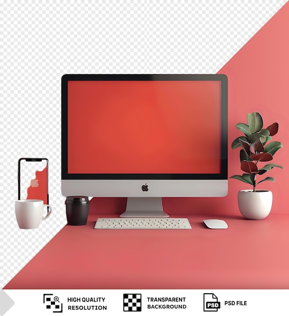 PSD potrait computer and smartphone mockup on pink desk with white keyboard and mouse accompanied by a green plant against a red and pink wall with a white handle visible in the fore