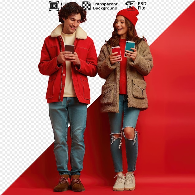 PSD potrait connection a man and woman stand in front of a red wall the man wears blue jeans and a red hat while the woman has curly brown hair and wears a red png psd