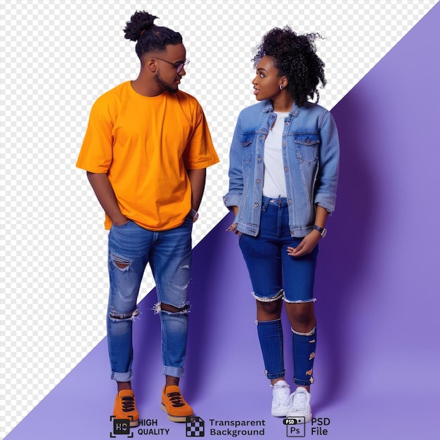 PSD potrait conversation between a man and a girl in front of a purple wall with potrait wearing a yellow shirt and blue jeans and the girl wearing a blue shirt and black png