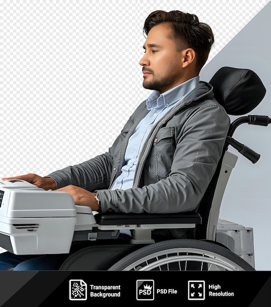Potrait copy machine sitting in a wheelchair with laptop png psd