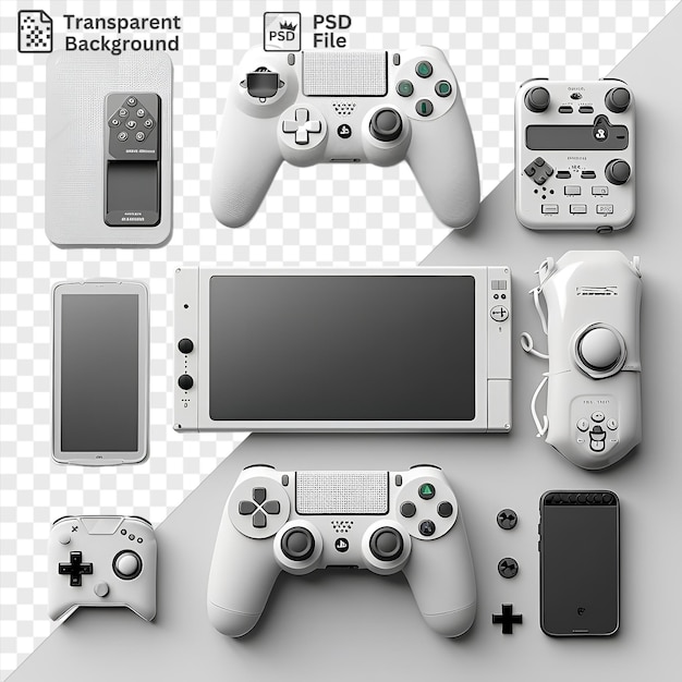Potrait custom built gaming console and accessories set up on a transparent background featuring a white controller and a black screen
