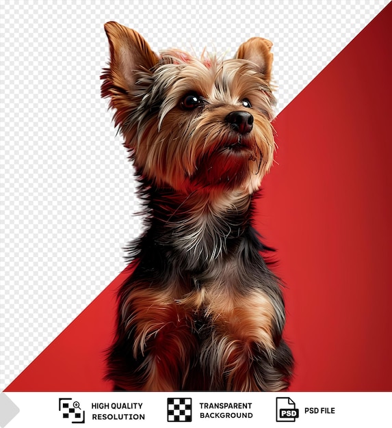 초상화 귀여운 요크셔 테리어 (yorkshire Terrier) 가 스튜디오에서 숨을 쉬고 은 배경에 몸 전체를 찍고 앉아 있습니다.