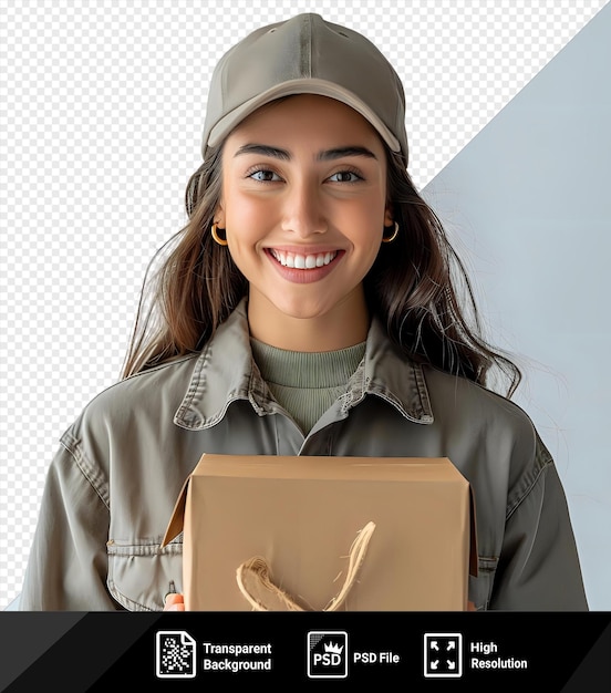 PSD potrait delivery woman smiling proudly and confidently feeling happy and satisfied and showing a concept on copy space wearing a brown and gray jacket gray hat and gold earring with brown