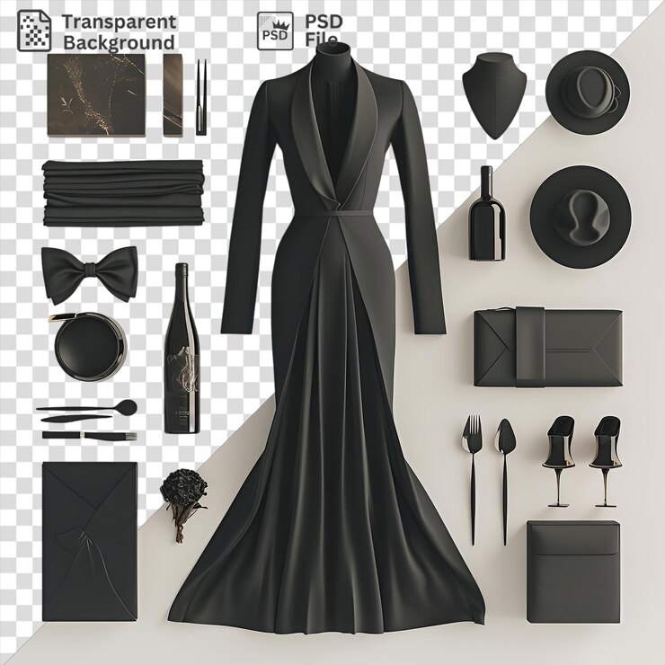 PSD potrait designer evening wear set displayed on a white wall featuring a black dress black tie and black glasses accompanied by a bottle and a black and gray box