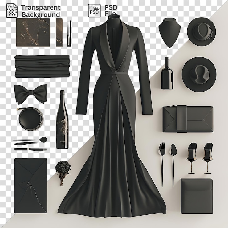 PSD potrait designer evening wear set displayed on a white wall featuring a black dress black tie and black glasses accompanied by a bottle and a black and gray box