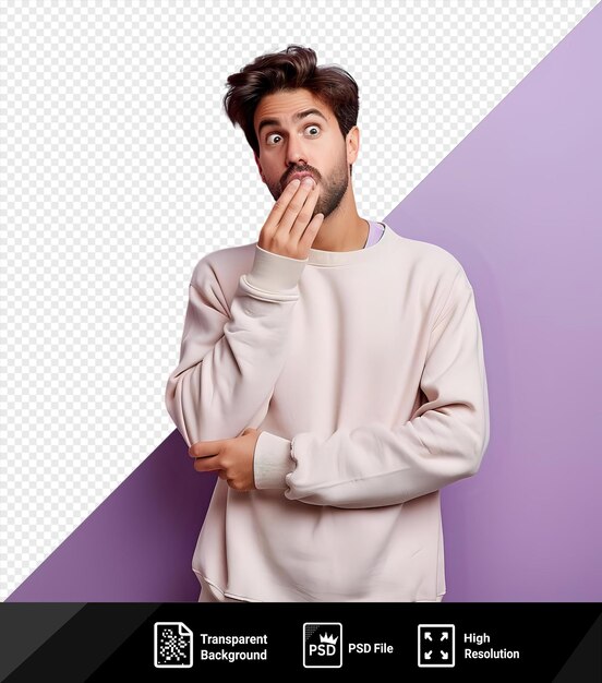 Potrait disgusted man tasting an invisible bad flavor in front of purple wall with brown hair blue eye and small ear visible while holding hand with someone in the background png psd