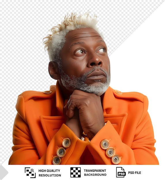 Potrait a distrustful middle aged man with blonde hair from the african american ethnicity dressed in comedian attire poses in a pensive look with finger on lips style png