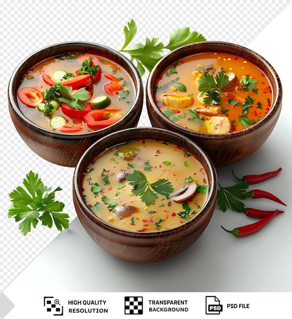 Potrait eid al fitr traditional soups served in wooden bowls on a transparent background garnished with a red pepper