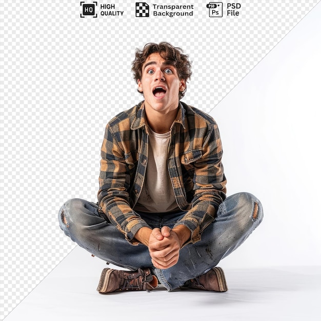 PSD potrait excited young handsome man looking camera with open mouth wearing blue jeans and brown shoes with curly brown hair and a hand visible in the foreground