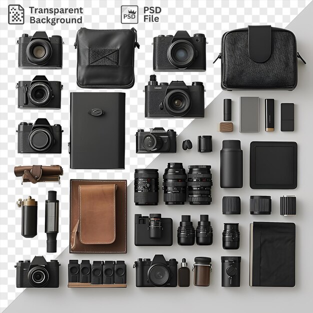 PSD potrait film photography and darkroom set up with a variety of cameras including black silver and brown models arranged on a transparent background