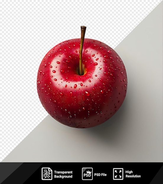 PSD potrait fresh red apple with brown stem and water droplets on isolated background png