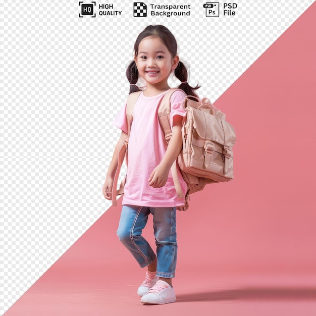 Potrait girl in a pink tshirt and with a schoolbag going to school png