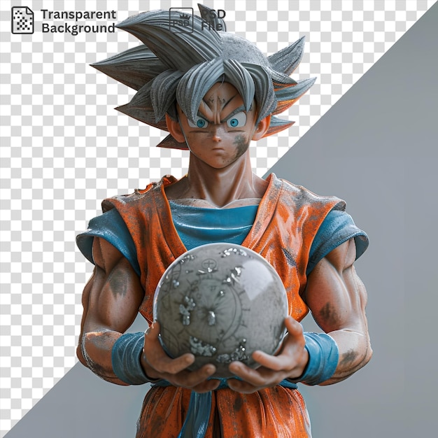 PSD potrait goku from dragon ball z holds a gray frisbee in his hand with a blue arm visible in the background