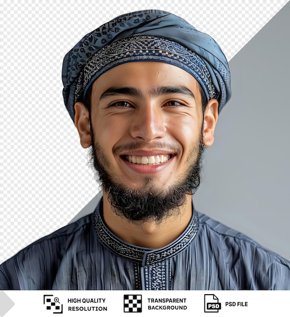 PSD ritratto giovane islamico con barba e turbante che sorride alla telecamera mostrando le sue caratteristiche distintive tra cui un grosso naso occhi marroni e sopracciglia scure indossa una camicia blu e png psd