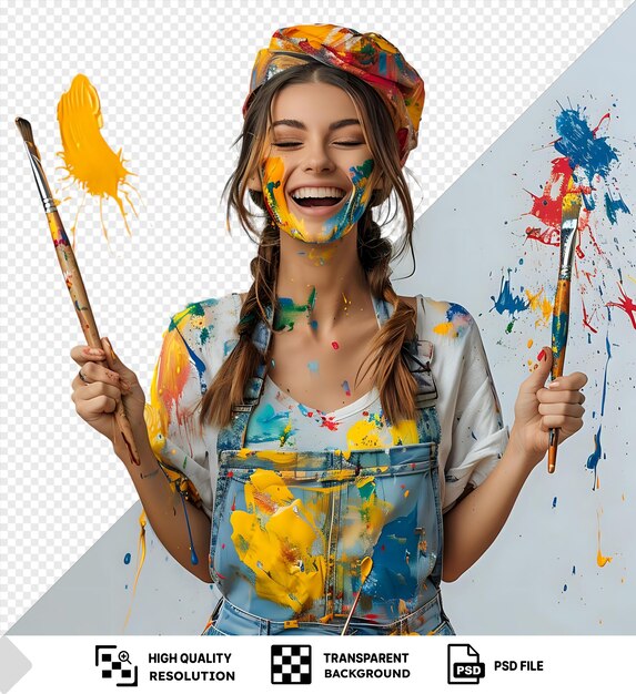 PSD potrait joyful painter who splashes paint from a brush png