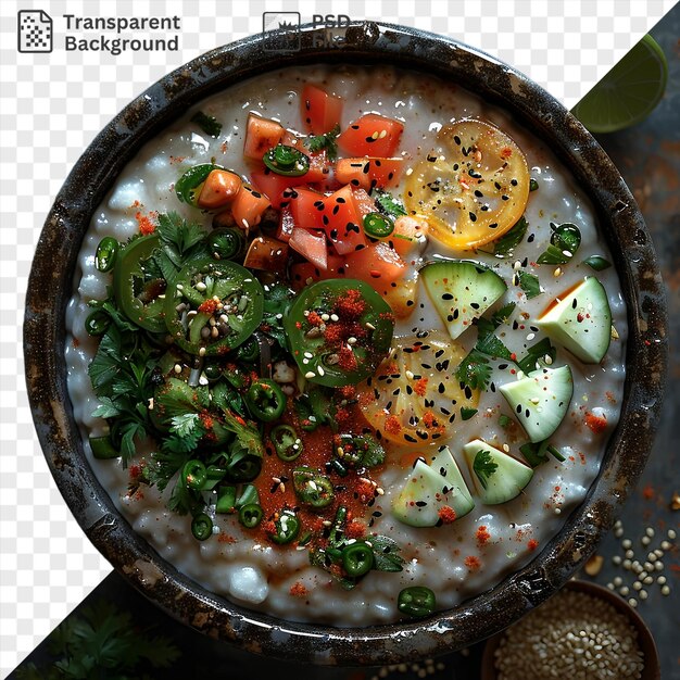 PSD potrait makroudh food served in a bowl on a table accompanied by a sliced lemon and a red pepper