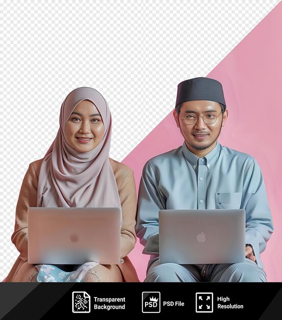 PSD potrait man and woman working on laptops sitting opposite each other in front of a pink wall with the man wearing a blue shirt and gray pants and the woman wearing a white png psd