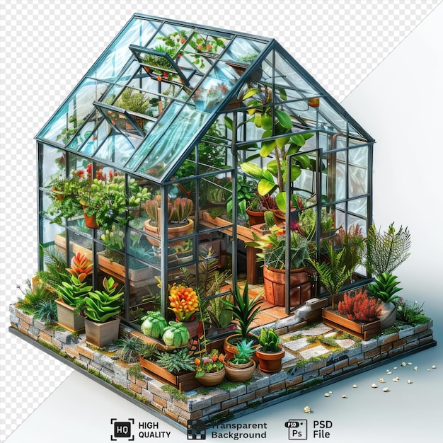 PSD potrait miniature glass greenhouses with plants isolated on transparent background