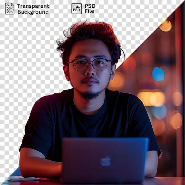 Potrait neural9 wearing a black shirt and glasses sits at a wooden table with a silver laptop in front of him he has black hair and a large nose and is smiling