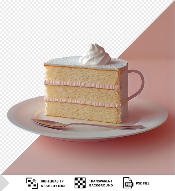 PSD potrait a piece of sponge cake with cup of coffee sits on a white plate accompanied by a silver spoon against a pink wall png