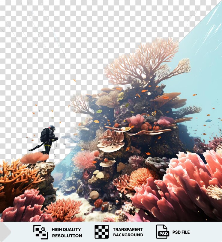 PSD potrait realistic photographic divers underwater coral reef featuring a variety of colorful fish and flowers set against a clear blue sky