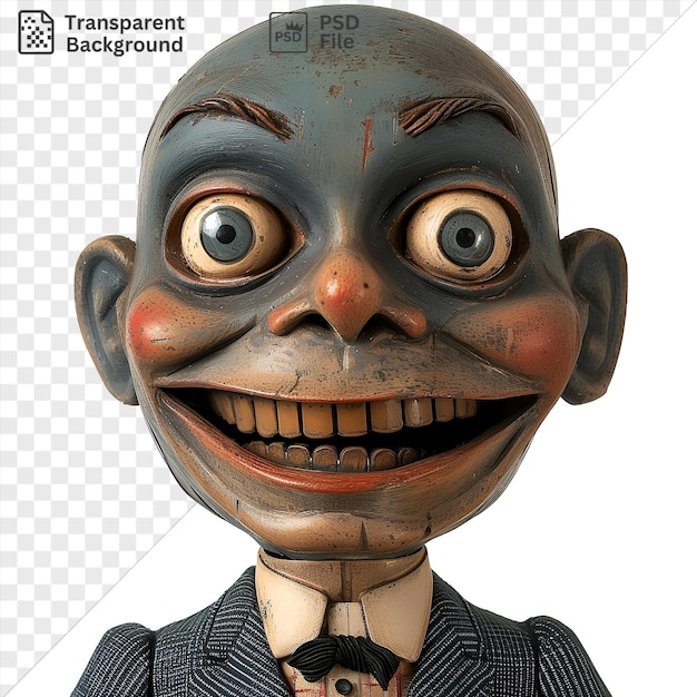 PSD potrait realistic photographic ventriloquists dummy head featuring large ears brown eyes and a pink nose with a black button in the foreground
