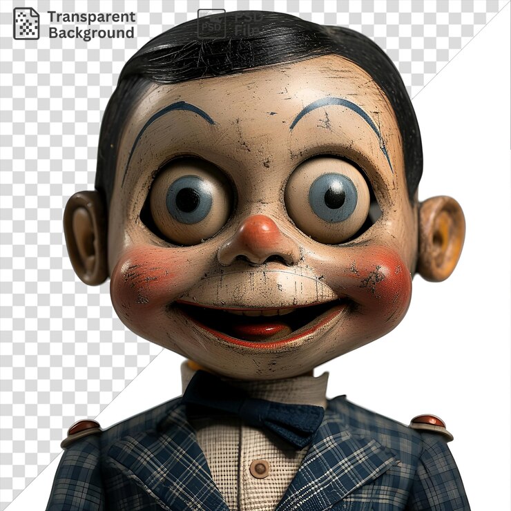 PSD potrait realistic photographic ventriloquists dummy head with blue eyes orange nose and black hair featuring a small ear and brown button