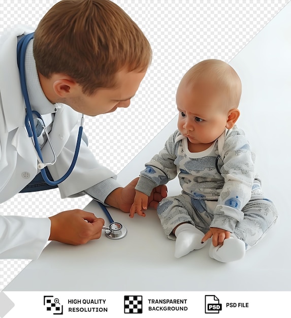 PSD potrait sad baby being examined by a doctor with a stethoscope png psd