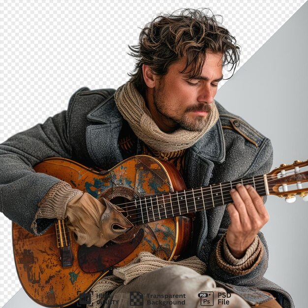 Ritratto di un musicista triste che tiene delicatamente una chitarra rotta png psd