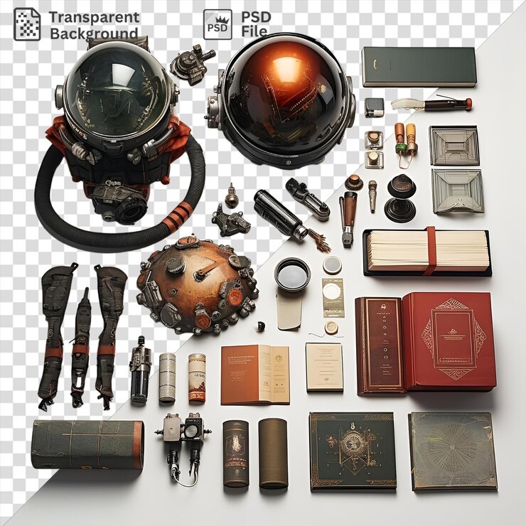 PSD potrait science fiction memorabilia collection set up on a transparent background featuring a red book black watch and black camera
