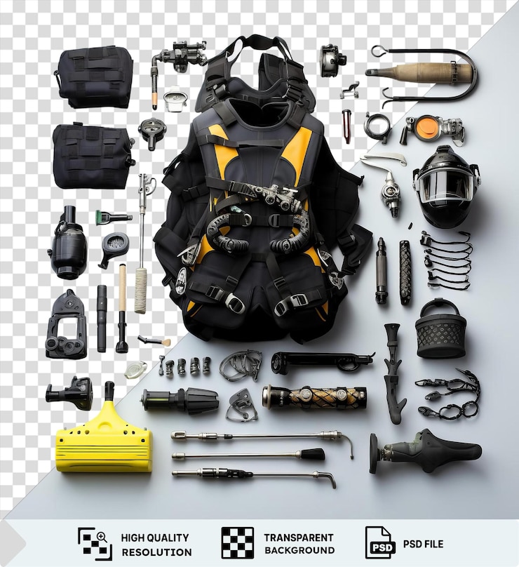 PSD potrait scuba diving gear set on a transparent background including a black gun black glove and black and yellow backpack
