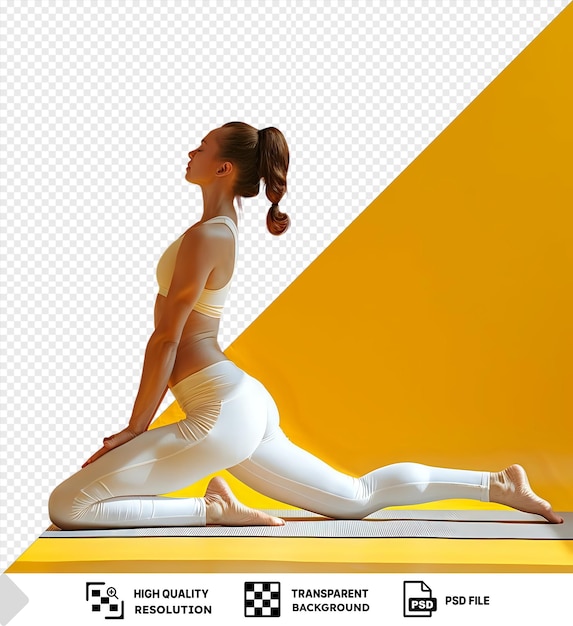 PSD potrait serene yogi with tied back hair in yoga clothes performing an invisible asana against a yellow wall with her bare feet visible in the foreground png