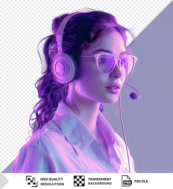 PSD potrait telemarketer looking at camera wearing headphones and a white shirt with a white collar showcasing her large nose open mouth and blue eye while wearing a white png psd