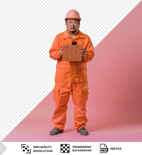 PSD potrait unpleased young builder man uniform holding brick and speak the phone png