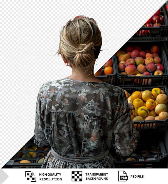 PSD potrait a woman choosing fruits in a store and looking involved png