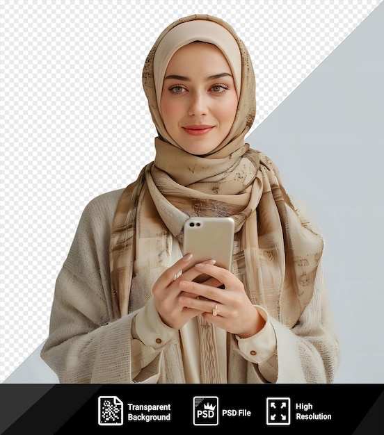 PSD potrait woman holding smartphone happily looking away while wearing a brown scarf and gold ring with a white wall in the background png psd