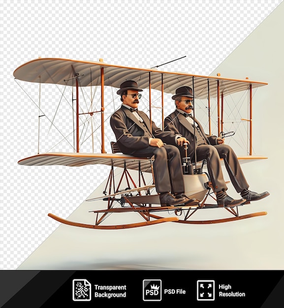 Potrait wright brothers orville and wilbur wright the aviators flying a miniature plane together filled with joy against a white sky the men are dressed in black suits and hats