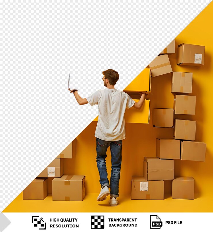 PSD potrait young man carrying many heavy boxes on his head while standing in front of a yellow wall wearing a white shirt and blue jeans with a white shoe visible in the foreground png psd